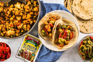 Vegetarian cauliflower tacos with bell peppper, onion, pineapple and seasoned with La Preferida Al Pastor seasoning.
