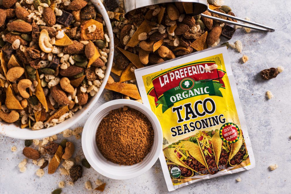 Sweet and spicy trail mix using La Preferida Organic Taco Seasoning.