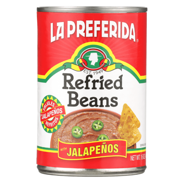 la preferida refried beans, la preferida refried beans with jalapenos, jalapeno refried beans, spicy refried beans, buy refried beans, refried beans in a can, refried beans with peppers