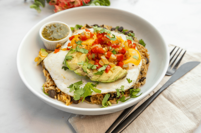 La Preferida Protein Power Breakfast Bowl is a great vegetarian option for a budget friendly breakfast - packed with beans, spanish rice and eggs it can feed 4 for just $15