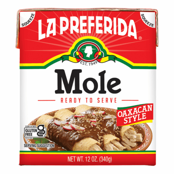 La Preferida Oaxacan-Style Mole Sauce box front showing ready-to-serve mole poured over enchiladas
