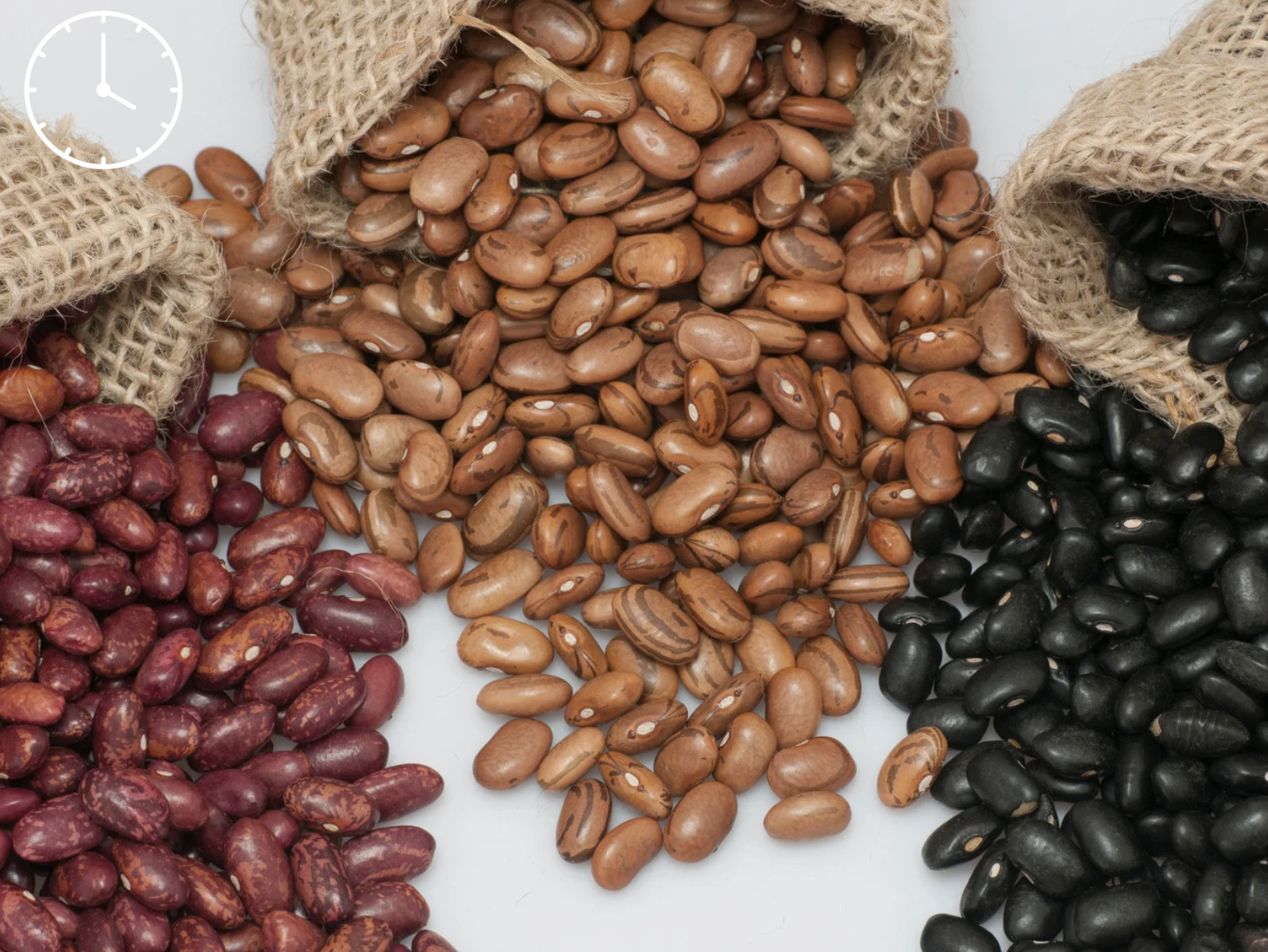 Bean cooking cheat sheet showing soaking requirements and stovetop and Instant Pot cooking times for pinto beans, black beans, and kidney beans.