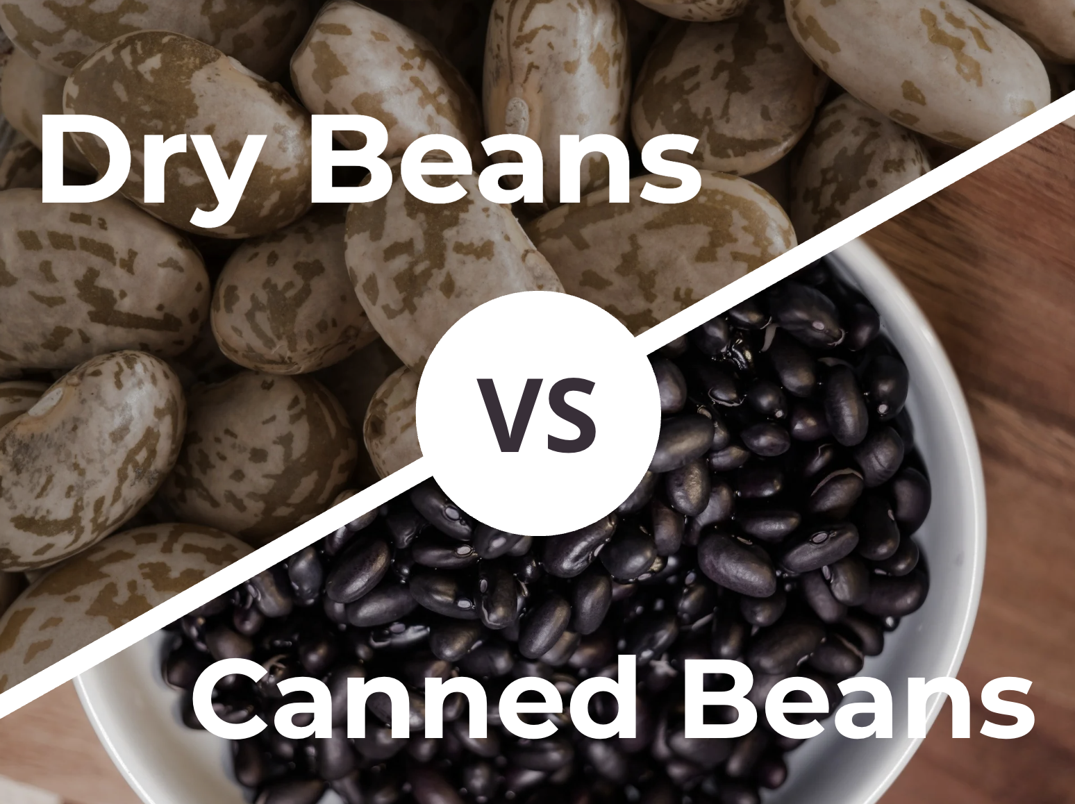 Dry beans and canned beans comparison showing differences in preparation time, convenience, flavor, and cooking methods.